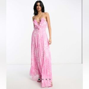 Asos Design Lace up ruffle cam maxi dress with flare panels in pink